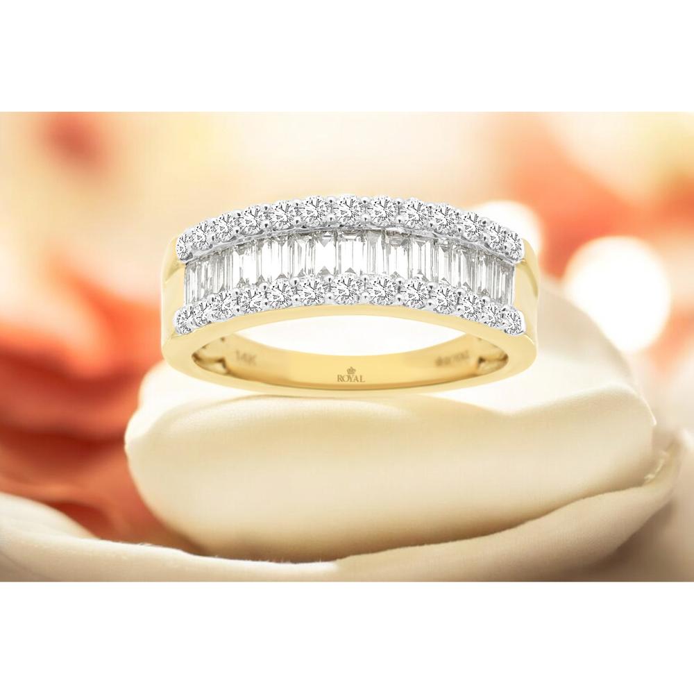 14K Yellow Gold Three-Row Ring with Channel-Set Baguette Diamonds and Prong-Set Round Diamonds - 1.00 Carat Total Diamond Weight - Royal Jewelry