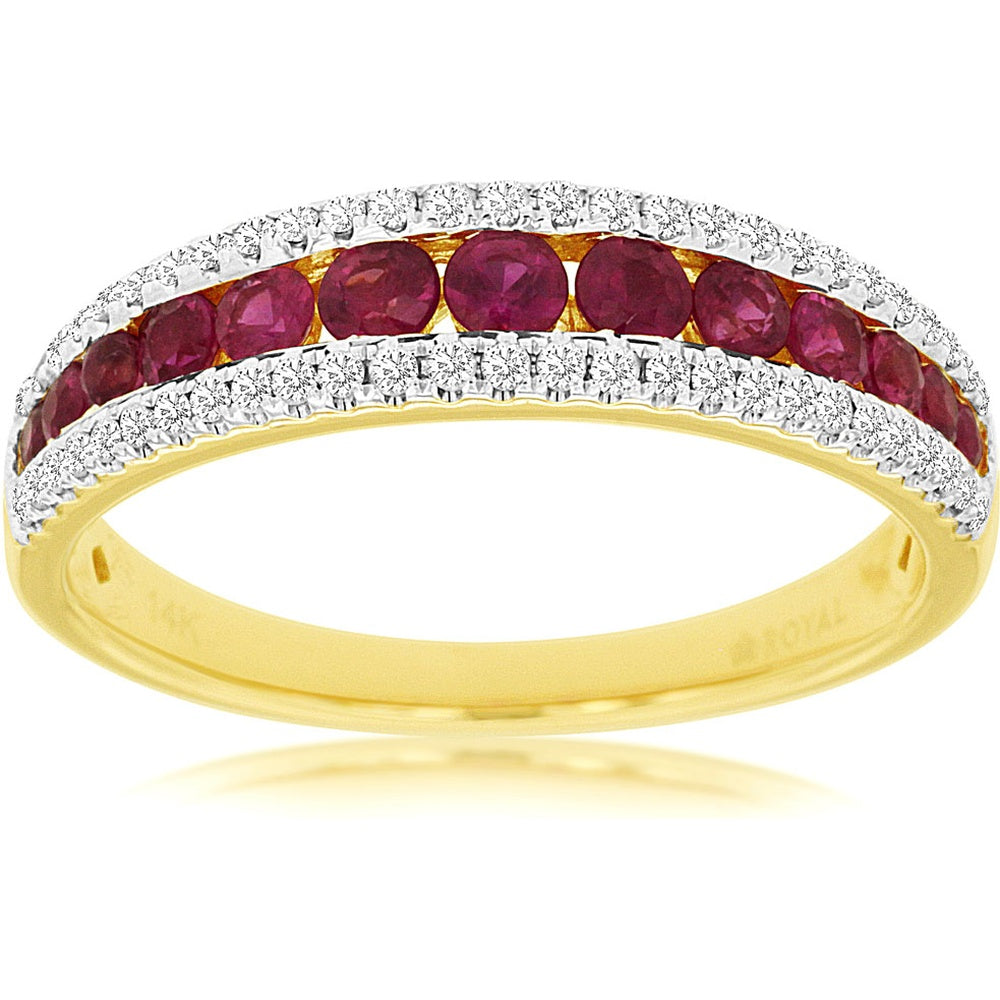 14K Yellow Gold Three-Row Ring with Round Rubies and Diamond Accents - 0.62 Carat Ruby and 0.22 Carat Diamond Total Weight - Royal Jewelry