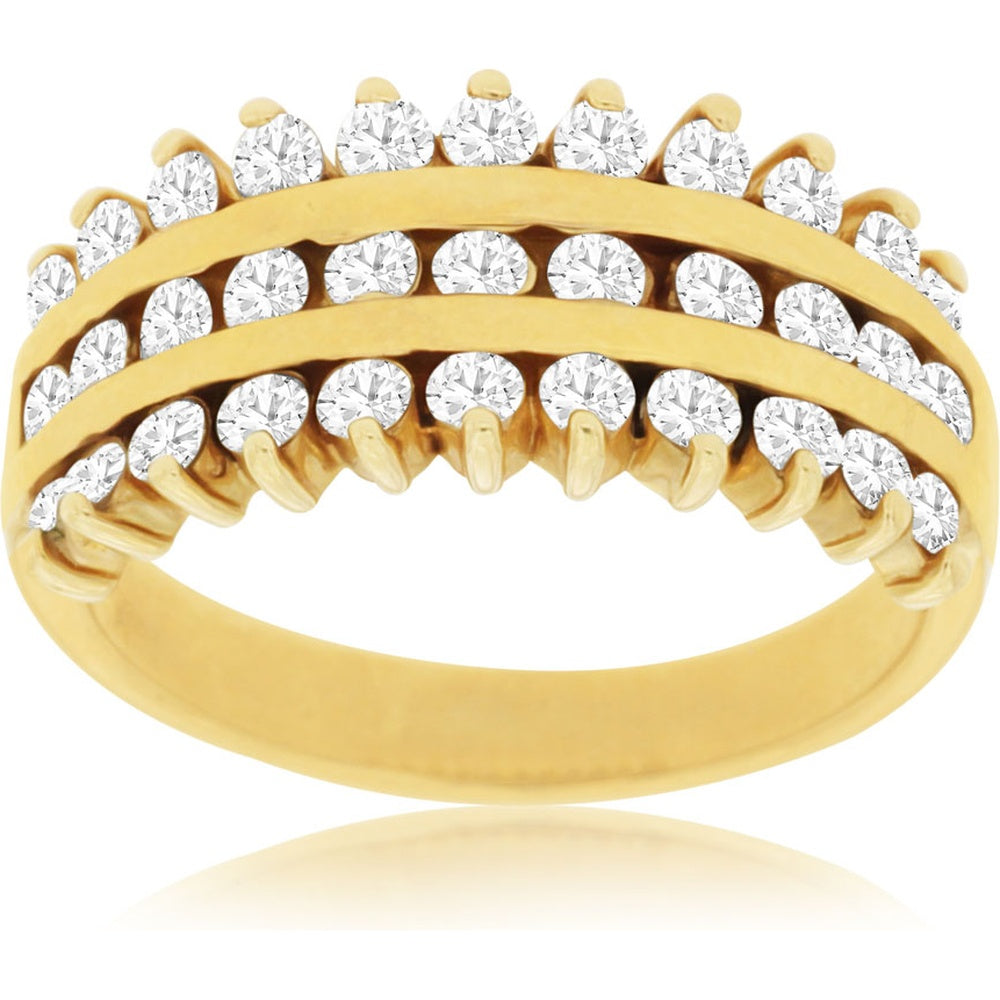 14K Yellow Gold Three-Row Wedding Band with Round Brilliant Cut Diamonds - 0.87 Carat Total Diamond Weight - Royal Jewelry