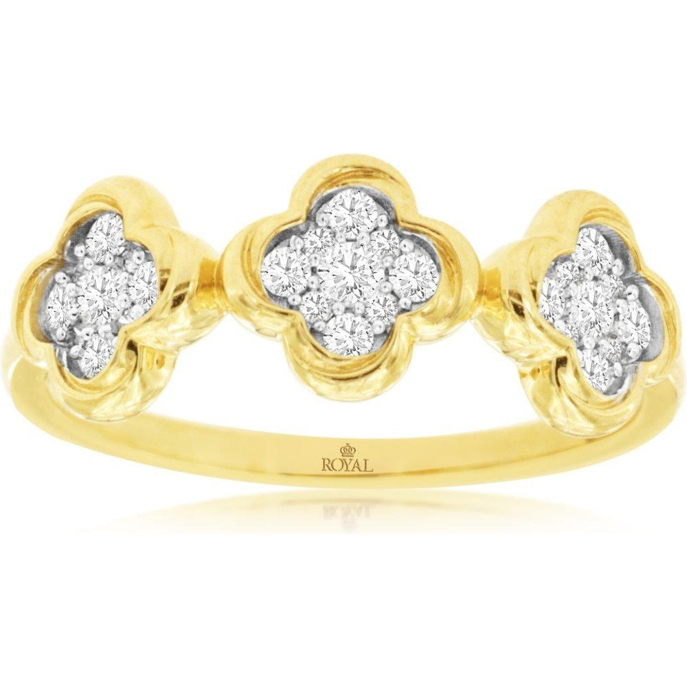 14K Yellow Gold Three-Station Quatrefoil Ring with Prong-Set Round Diamond Clusters - 0.27 Carat Total Diamond Weight - Royal Jewelry