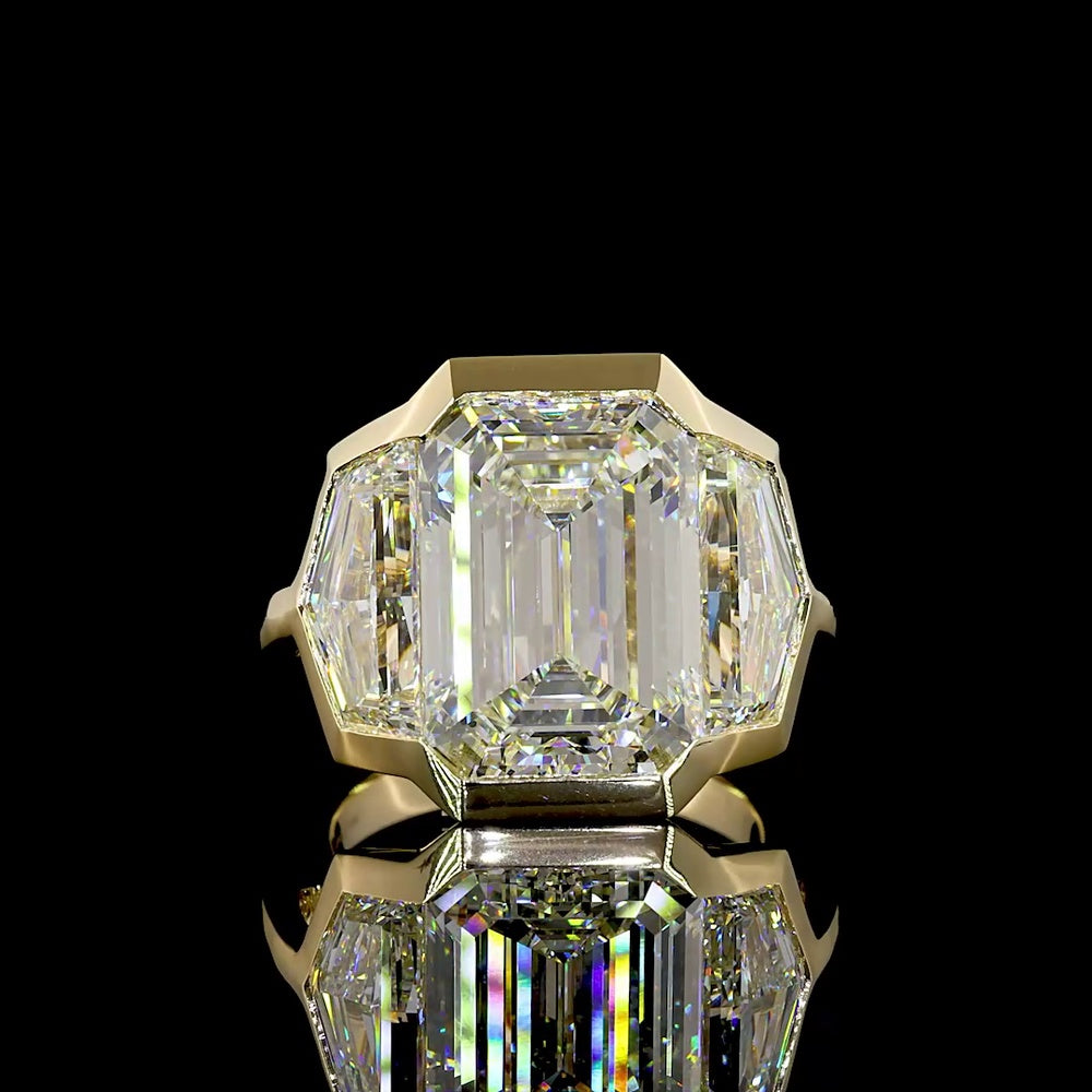 14K Yellow Gold Three Stone Bezel Set Emerald Cut Lab Diamond Ring - 13.86 Carat Total Weight with F VVS2 Center and Matching Side Stones - Covaloro Fine Jewelry