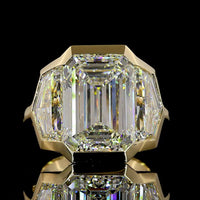 14K Yellow Gold Three Stone Bezel Set Emerald Cut Lab Diamond Ring - 13.86 Carat Total Weight with F VVS2 Center and Matching Side Stones - Covaloro Fine Jewelry