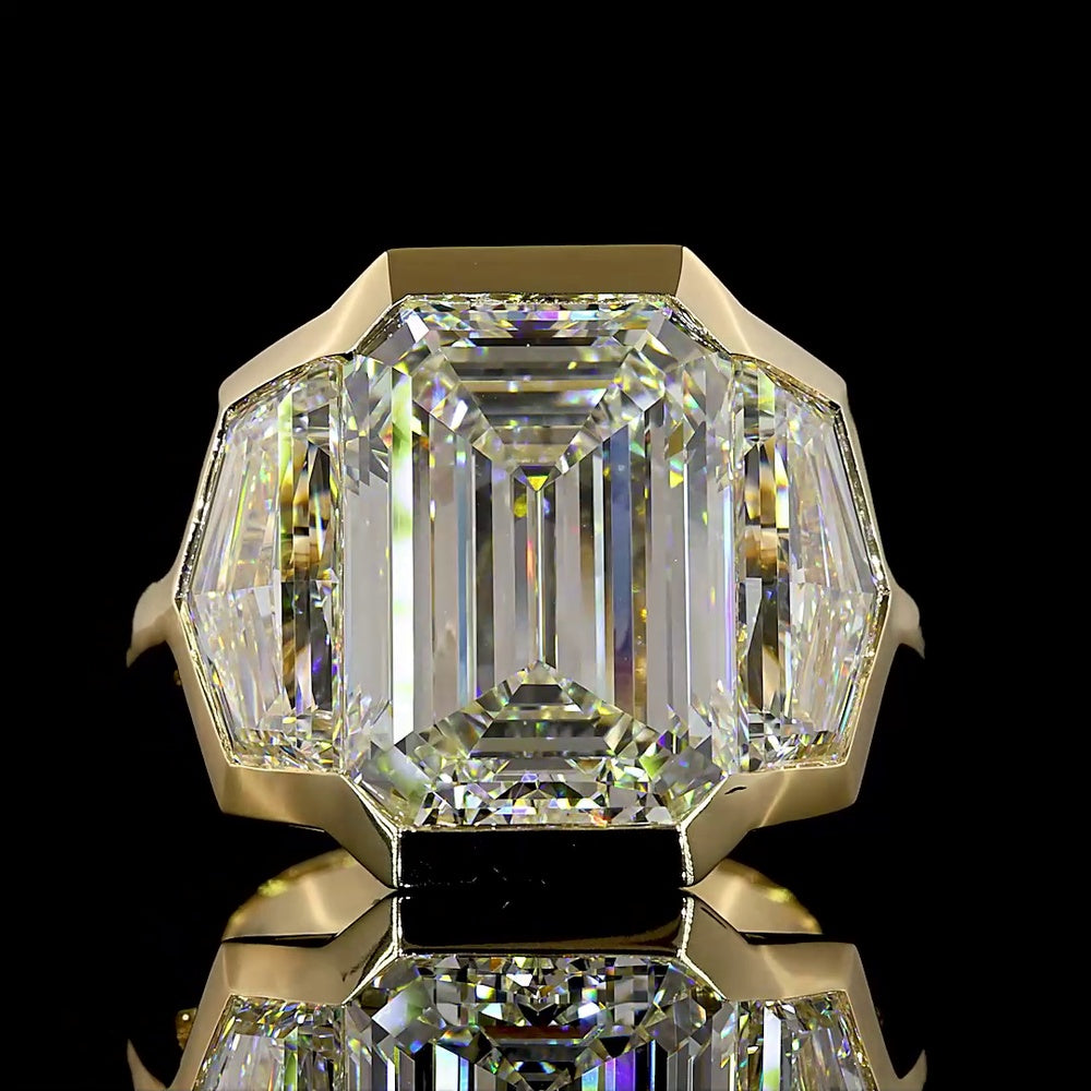 14K Yellow Gold Three Stone Bezel Set Emerald Cut Lab Diamond Ring - 13.86 Carat Total Weight with F VVS2 Center and Matching Side Stones - Covaloro Fine Jewelry