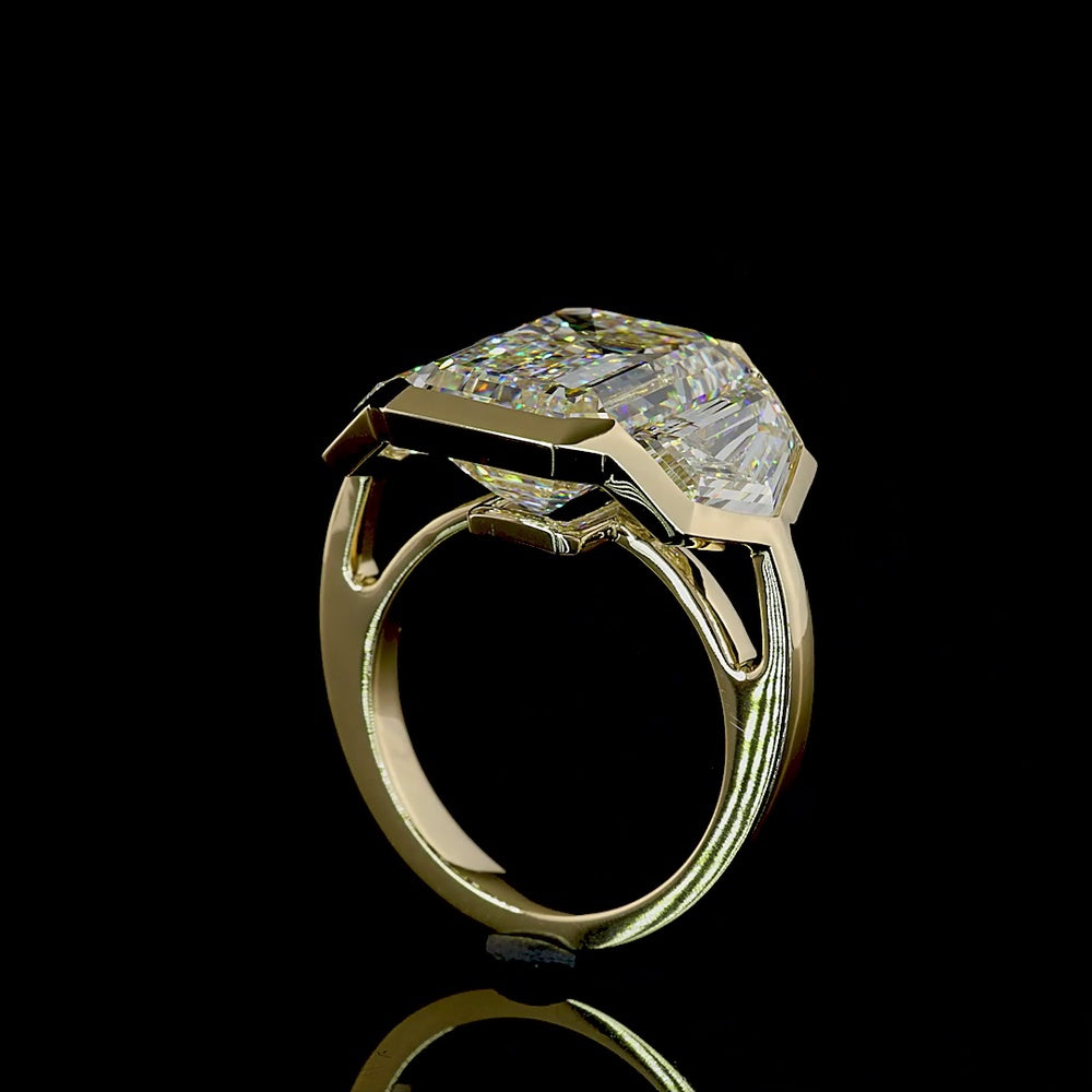14K Yellow Gold Three Stone Bezel Set Emerald Cut Lab Diamond Ring - 13.86 Carat Total Weight with F VVS2 Center and Matching Side Stones - Covaloro Fine Jewelry