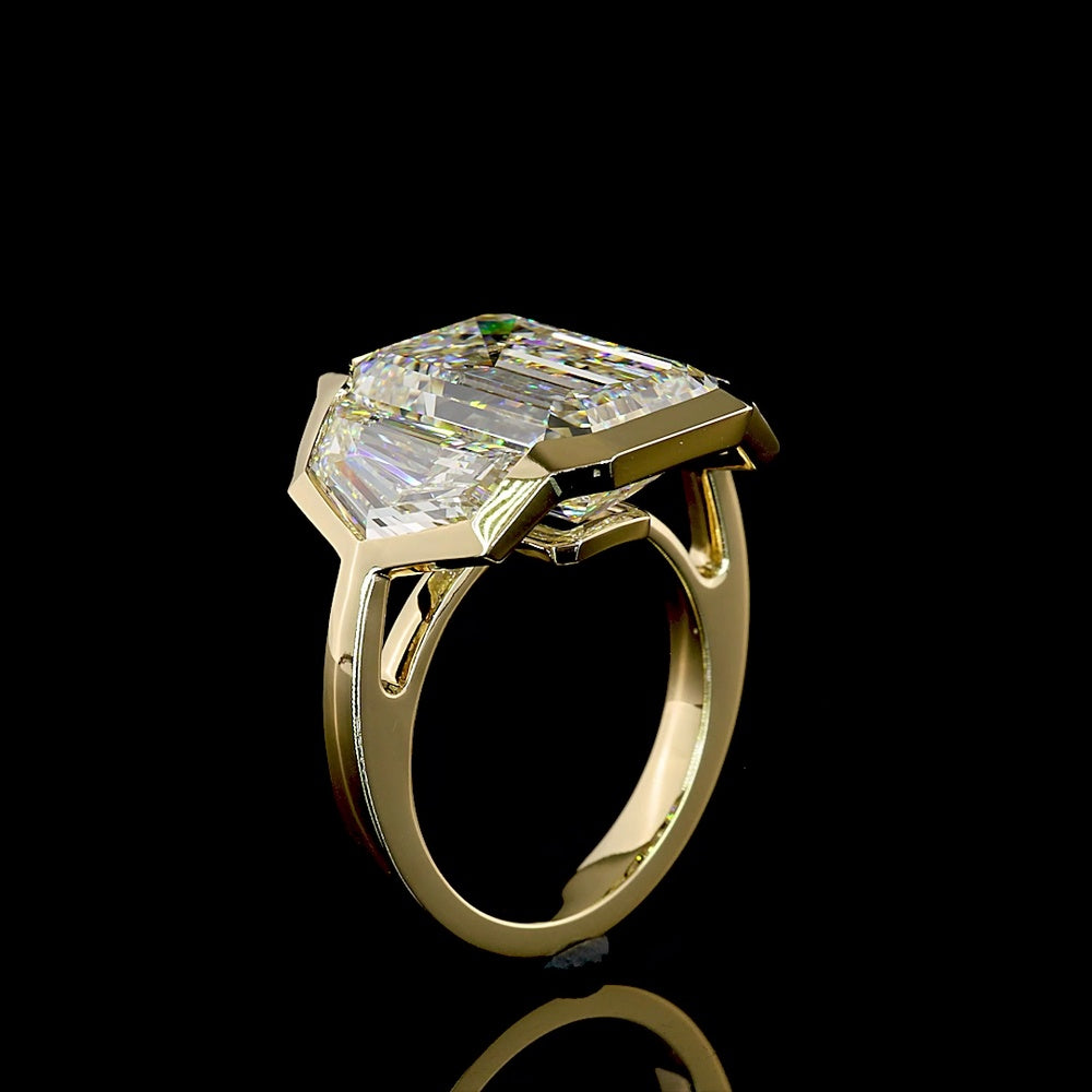 14K Yellow Gold Three Stone Bezel Set Emerald Cut Lab Diamond Ring - 13.86 Carat Total Weight with F VVS2 Center and Matching Side Stones - Covaloro Fine Jewelry