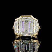 14K Yellow Gold Three-Stone Bezel Set Ring with Emerald Cut Lab Diamonds - 9.08 Carats Center, 12.22 Carats Total Diamond Weight - Covaloro Fine Jewelry