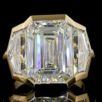 14K Yellow Gold Three-Stone Bezel Set Ring with Emerald Cut Lab Diamonds - 9.08 Carats Center, 12.22 Carats Total Diamond Weight - Covaloro Fine Jewelry