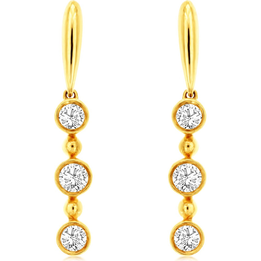 14K Yellow Gold Three-Stone Bezel Set Round Diamond Drop Earrings - 0.33 Carat Total Diamond Weight - Royal Jewelry