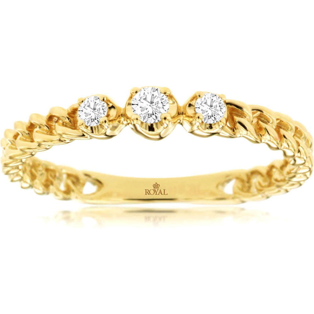 14K Yellow Gold Three-Stone Chain-Link Ring with Round Brilliant Diamonds - 0.11 Carat Total Diamond Weight - Royal Jewelry