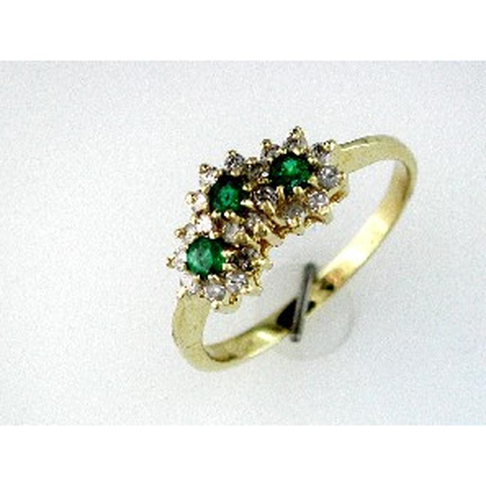 14K Yellow Gold Three-Stone Cluster Ring with Round Emeralds and Diamond Halo - 0.28 Carat Total Emerald Weight - Royal Jewelry