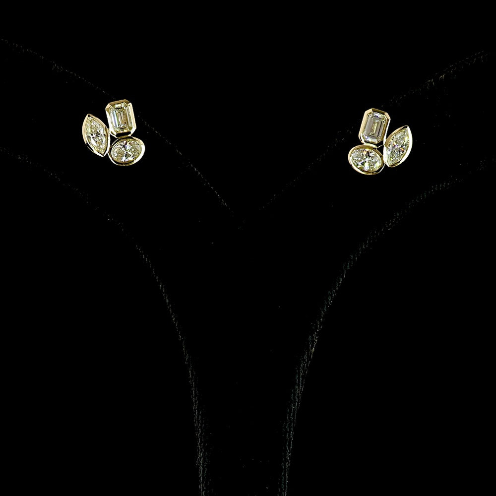 14K Yellow Gold Three-Stone Cluster Stud Earrings with Emerald, Marquise, and Oval Lab Diamonds - 1.50 Carats Total Diamond Weight - Covaloro Fine Jewelry