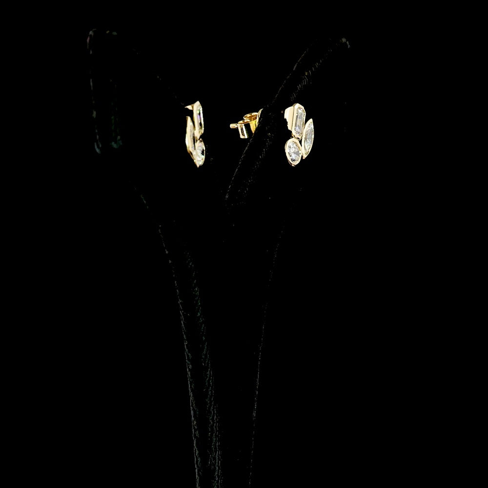 14K Yellow Gold Three-Stone Cluster Stud Earrings with Emerald, Marquise, and Oval Lab Diamonds - 1.50 Carats Total Diamond Weight - Covaloro Fine Jewelry