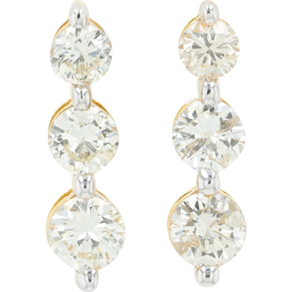 14K Yellow Gold Three-Stone Diamond Drop Earrings with Round Brilliant Cut Diamonds - 1.00 Carat Total Diamond Weight