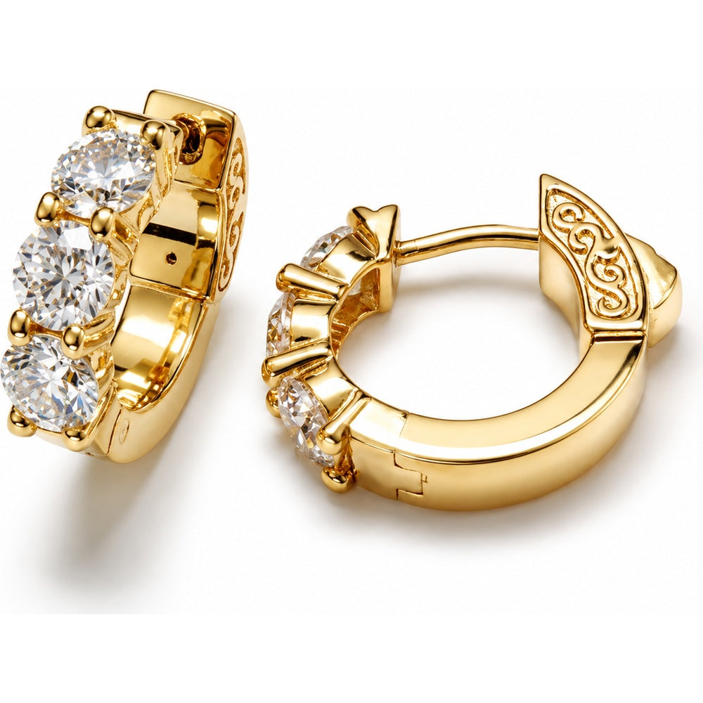 14K Yellow Gold Three-Stone Diamond Hoop Earrings with Round Lab Grown Diamonds - 1.54 Carat Total Diamond Weight by Auriventus