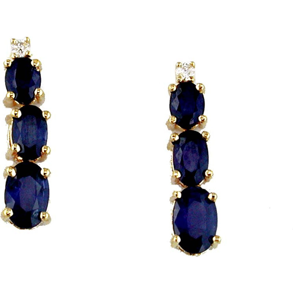 14K Yellow Gold Three-Stone Drop Earrings with Oval Sapphires and Round Diamond Accents - 2.30 Carat Total Sapphire Weight and 0.04 Carat Total Diamond Weight - Royal Jewelry