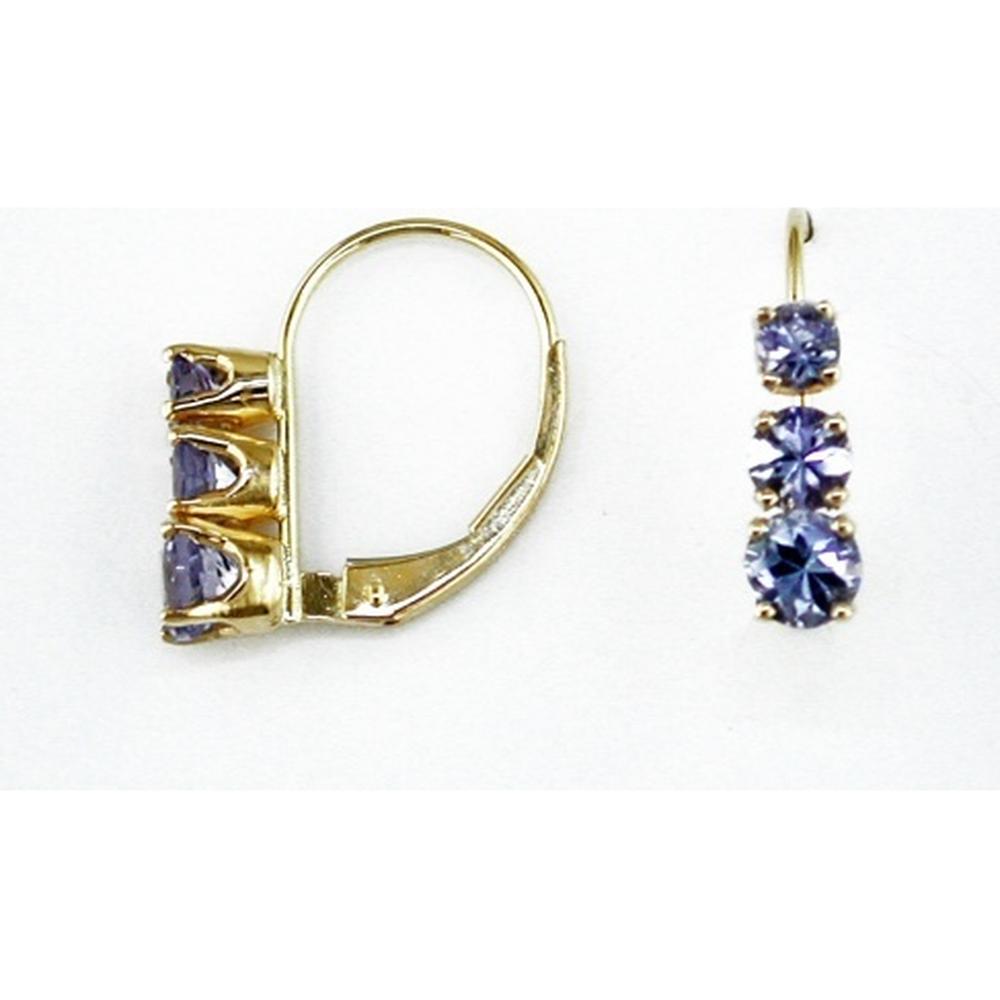 14K Yellow Gold Three Stone Drop Earrings with Round Tanzanite Gemstones - 1.10 Carat Total Tanzanite Weight - Royal Jewelry