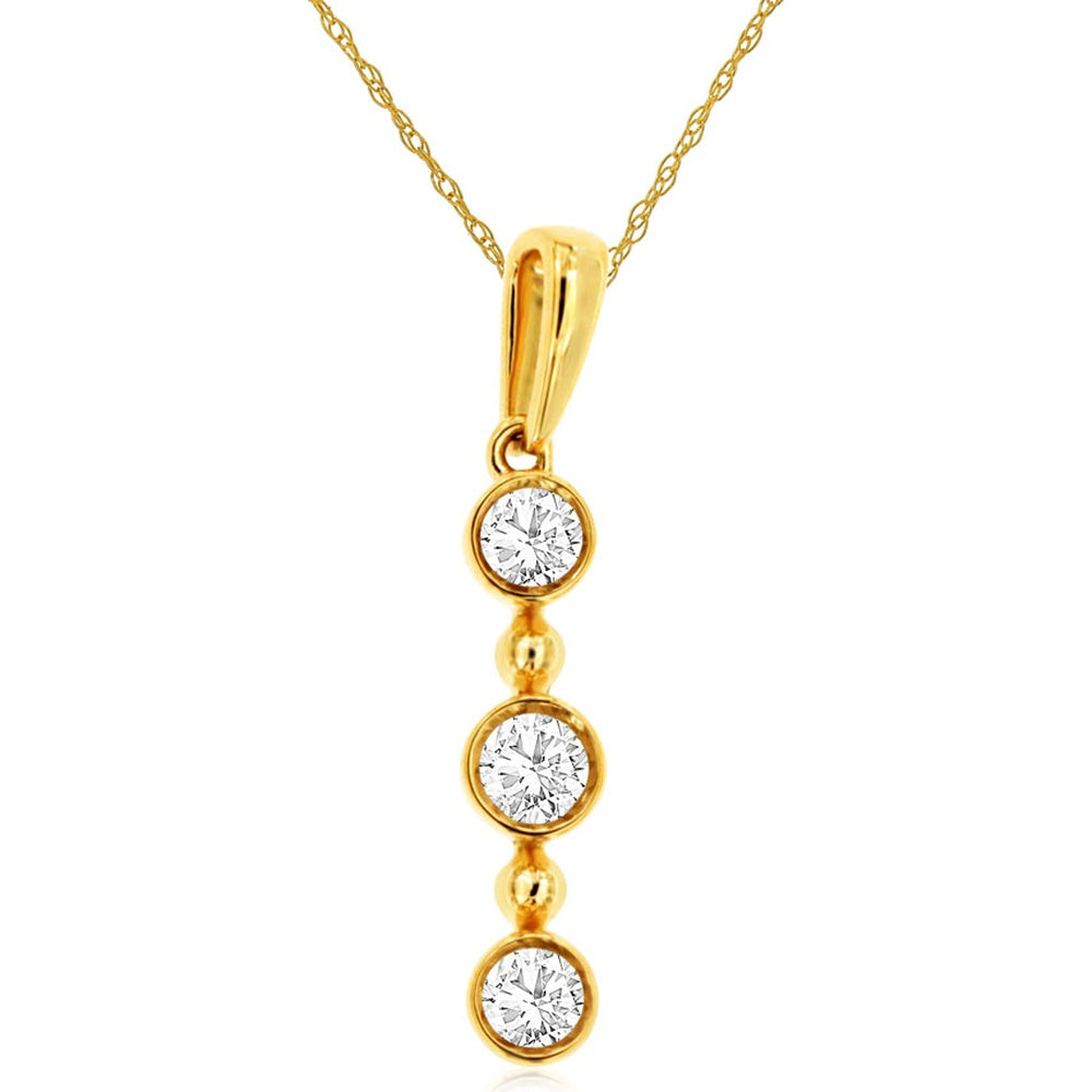 14K Yellow Gold Three-Stone Drop Pendant with Bezel-Set Round Brilliant Diamonds - 0.20 Carat Total Diamond Weight - Royal Jewelry