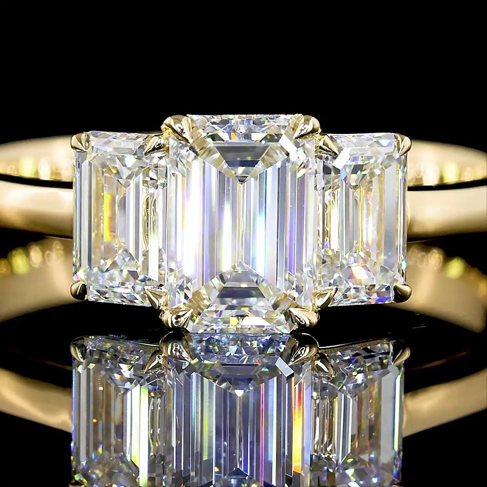 14K Yellow Gold Three Stone Emerald Cut Lab Diamond Ring - 1.43 Carat Total Weight with E-F VS1 Clarity - Covaloro Fine Jewelry