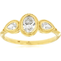 14K Yellow Gold Three Stone Engagement Ring with 0.60 Carat Oval Diamond and Milgrain Detail, Featuring Pear Shaped Side Diamonds - Royal Jewelry