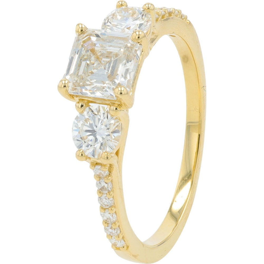 14K Yellow Gold Three-Stone Engagement Ring with 1.00 Carat Asscher Cut Lab Grown Diamond and Round Side Stones - 1.50 Carat Total Diamond Weight