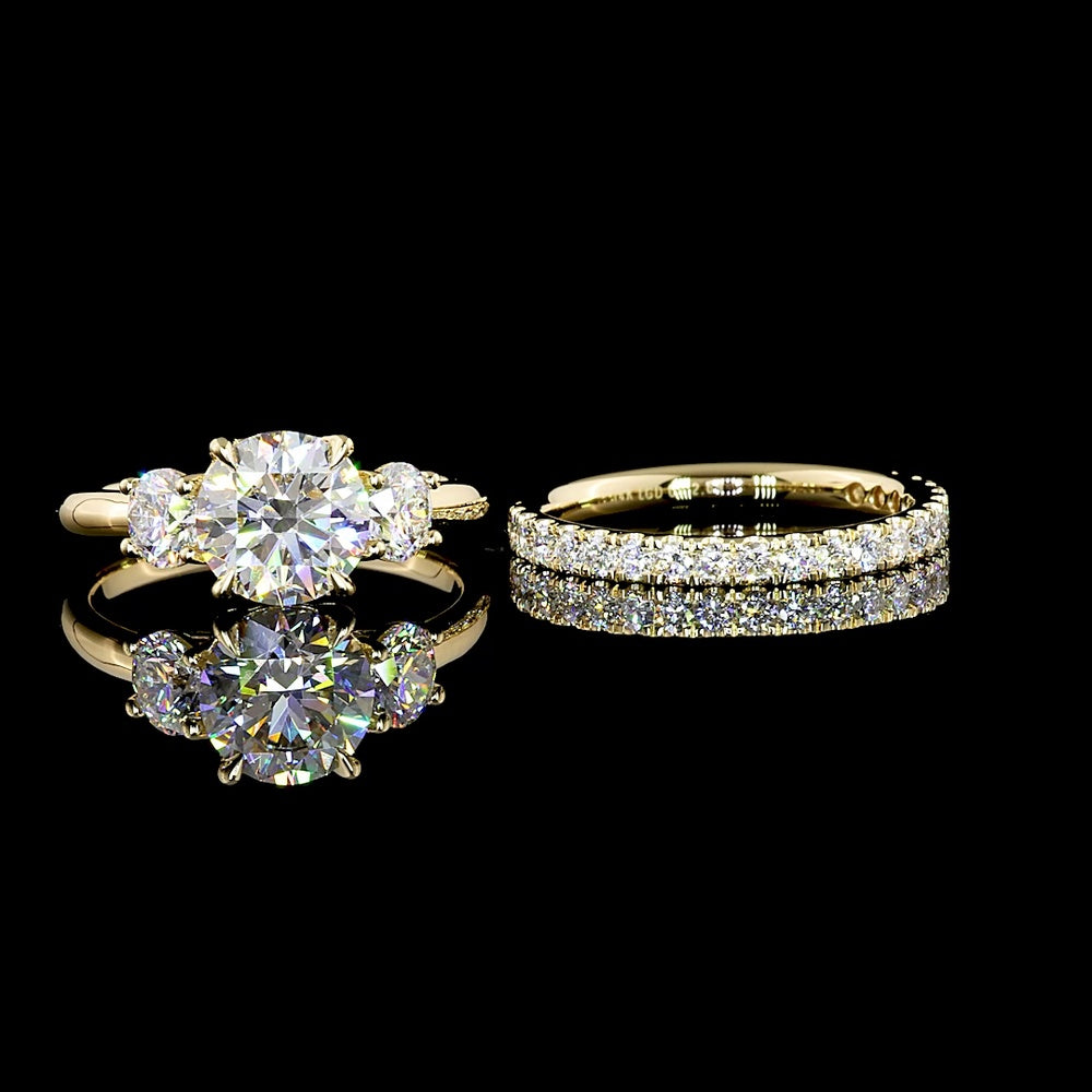 14K Yellow Gold Three-Stone Engagement Ring with 1.59 Carat Round Brilliant Cut Lab Diamond and 0.62 Carat Side Diamonds - 2.21 Carat Total Weight GIA Certified F VS1 - Covaloro Fine Jewelry