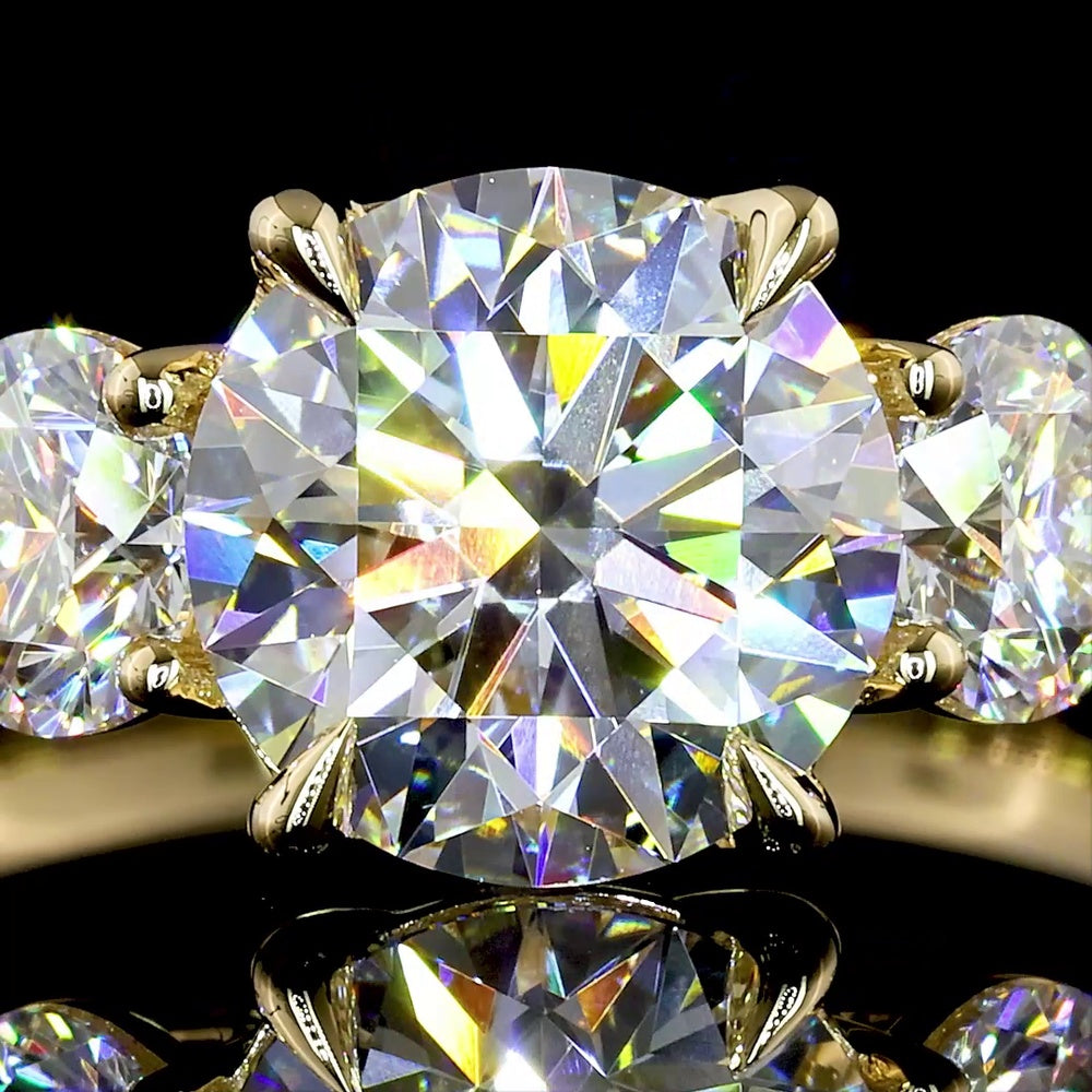 14K Yellow Gold Three-Stone Engagement Ring with 1.59 Carat Round Brilliant Cut Lab Diamond and 0.62 Carat Side Diamonds - 2.21 Carat Total Weight GIA Certified F VS1 - Covaloro Fine Jewelry