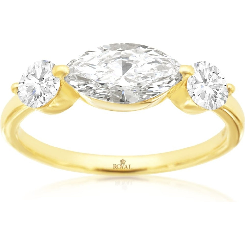 14K Yellow Gold Three-Stone Engagement Ring with 1 Carat Marquise Lab-Grown Diamond and 0.56 Carat Total Round Accent Diamonds - Royal Jewelry