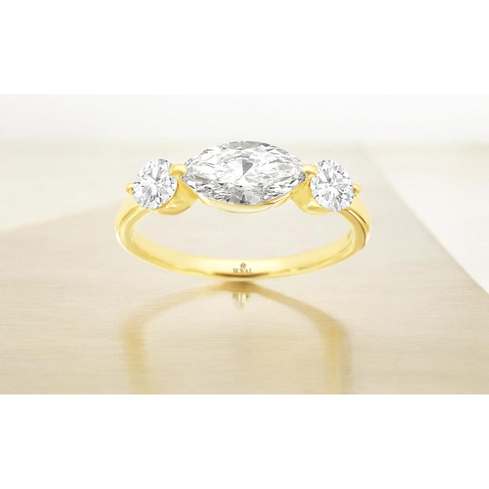 14K Yellow Gold Three-Stone Engagement Ring with 1 Carat Marquise Lab-Grown Diamond and 0.56 Carat Total Round Accent Diamonds - Royal Jewelry