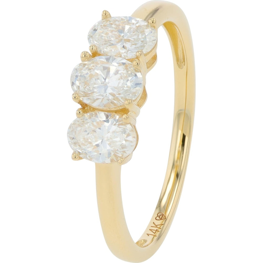 14K Yellow Gold Three Stone Engagement Ring with Horizontal Oval Lab Grown Diamonds - 1.00 Carat Total Diamond Weight
