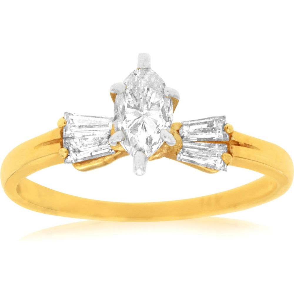 14K Yellow Gold Three Stone Engagement Ring with Marquise Center Diamond and Baguette Side Stones - 0.70 Carat Total Diamond Weight - Royal Jewelry