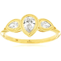 14K Yellow Gold Three-Stone Engagement Ring with Milgrain Edge and Pear Cut Diamonds - 0.52 Carat Center Diamond - Royal Jewelry