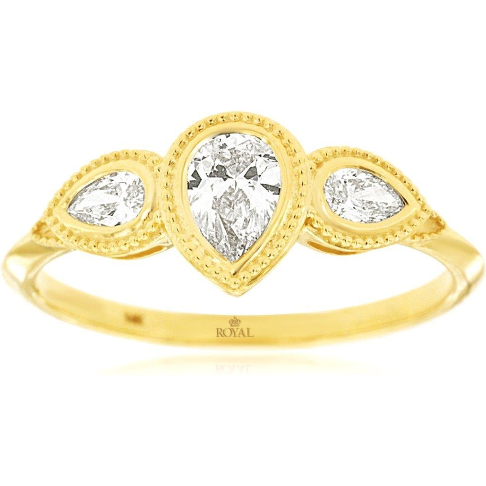 14K Yellow Gold Three-Stone Engagement Ring with Milgrain Edge and Pear Cut Diamonds - 0.52 Carat Center Diamond - Royal Jewelry