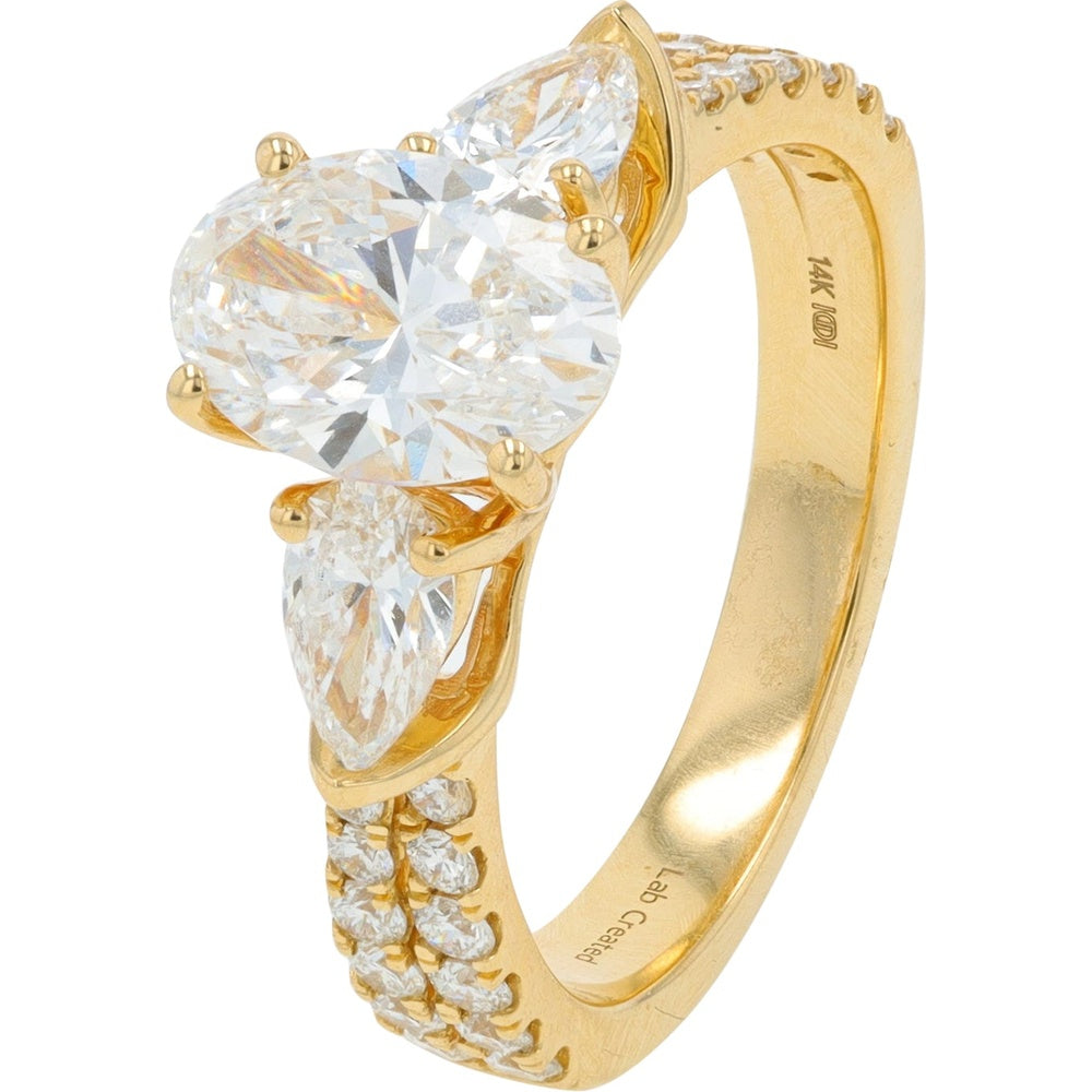 14K Yellow Gold Three-Stone Engagement Ring with Oval and Pear Lab-Grown Diamonds - 2.50 Carat Total Diamond Weight