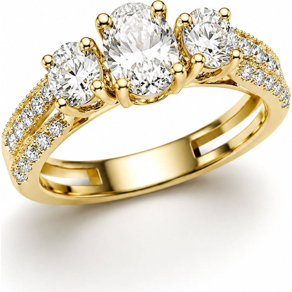 14K Yellow Gold Three Stone Engagement Ring with Oval and Round Lab Grown Diamonds - 1.65 Carat Total Diamond Weight by Auriventus
