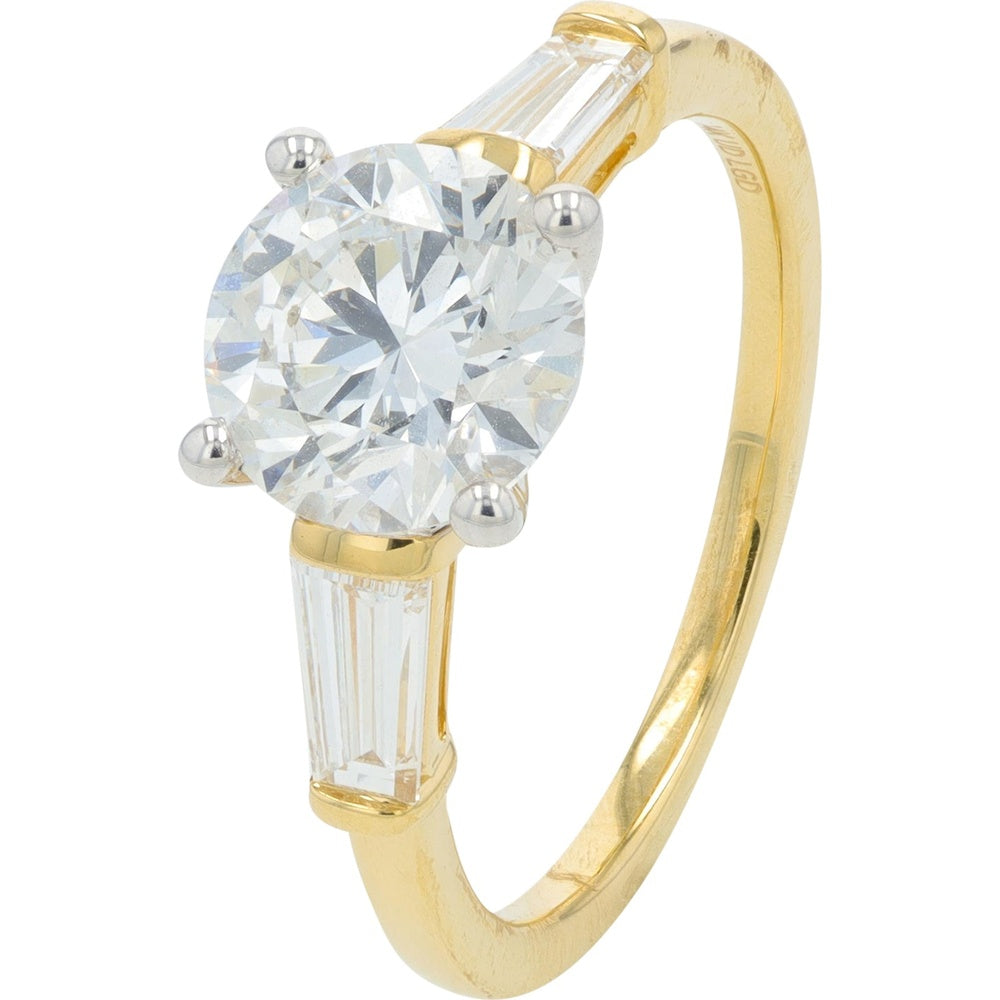 14K Yellow Gold Three-Stone Engagement Ring with Round Brilliant Center and Baguette Side Diamonds - 2.50 Carat Total Lab Grown Diamond Weight