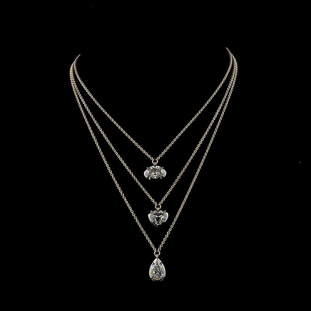 14K Yellow Gold Three-Stone Graduated Pendant with Heart, Oval, and Pear Shaped Lab Diamonds - 9.14 Carat Total Weight, F/VS1 Clarity - Covaloro Fine Jewelry