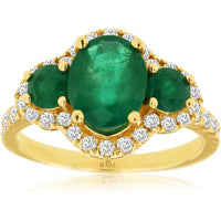 14K Yellow Gold Three-Stone Halo Ring with 2.30 Carat Oval Emerald and 0.60 Carat Round Emerald Accents Surrounded by Brilliant Diamonds - Royal Jewelry