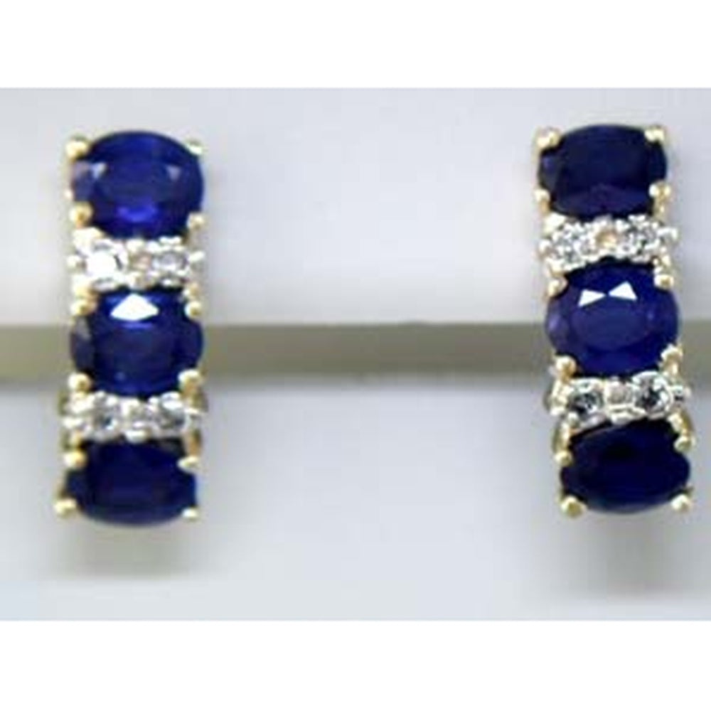 14K Yellow Gold Three-Stone Hoop Earrings with Oval Sapphires and Round Diamond Accents - 2.60 Carat Total Sapphire Weight and 0.12 Carat Total Diamond Weight - Royal Jewelry