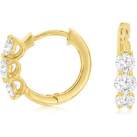 14K Yellow Gold Three-Stone Huggie Hoop Earrings with Round Lab Grown Diamonds - 1.00 Carat Total Weight - Royal Jewelry