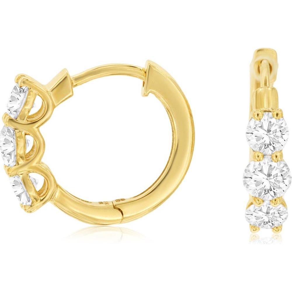 14K Yellow Gold Three-Stone Huggie Hoop Earrings with Round Lab Grown Diamonds - 1.00 Carat Total Weight - Royal Jewelry