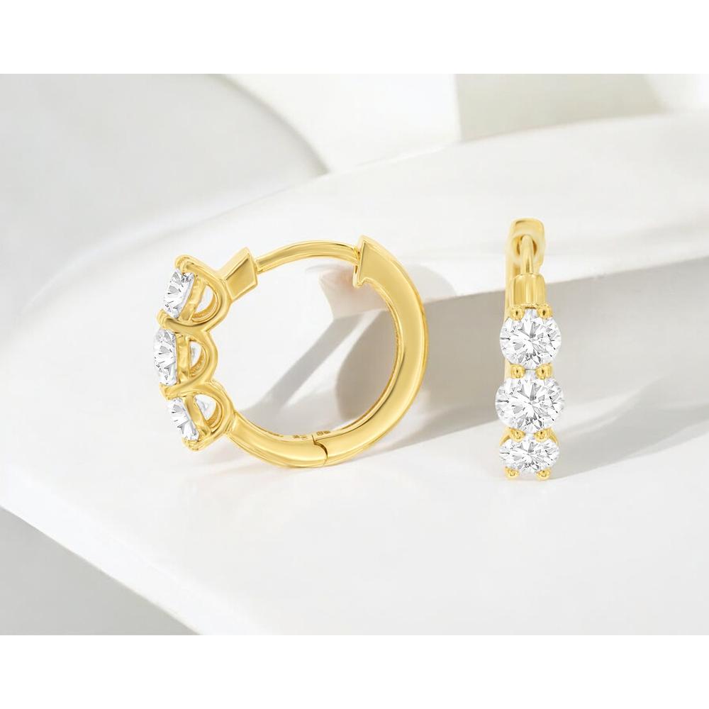 14K Yellow Gold Three-Stone Huggie Hoop Earrings with Round Lab Grown Diamonds - 1.00 Carat Total Weight - Royal Jewelry