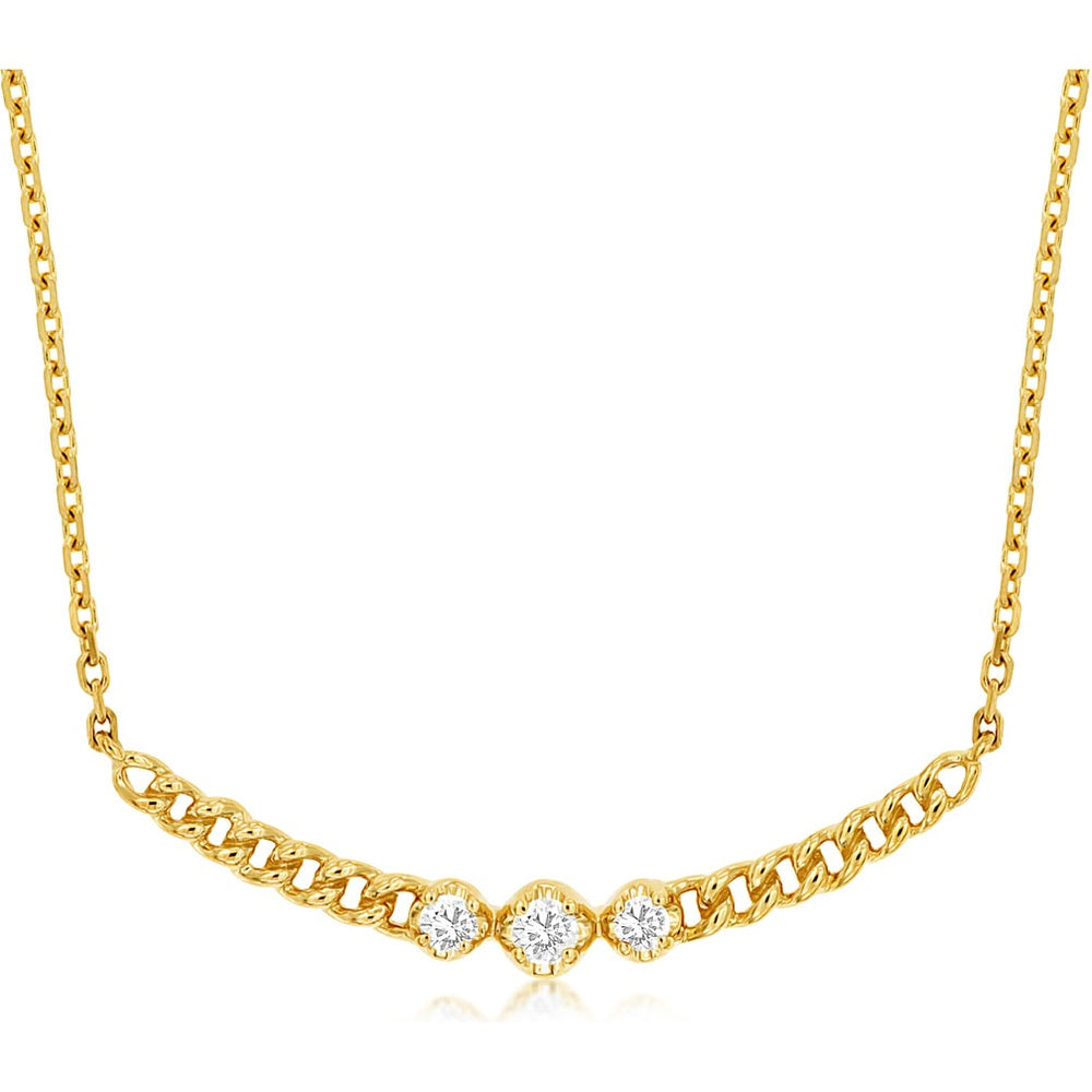 14K Yellow Gold Three-Stone Necklace with Bezel Set Round Diamonds and Milgrain Detail - 0.11 Carat Total Diamond Weight - Royal Jewelry