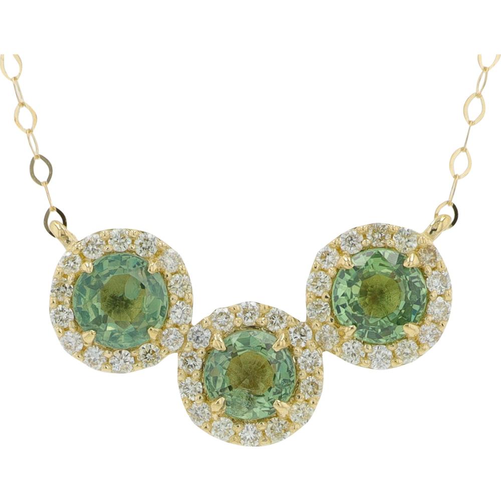 14K Yellow Gold Three Stone Necklace with Prong - Set Green Sapphires and Halo Diamonds - 0.75 - 1.10 Carat Total Sapphire Weight / 0.22 Carat Total Diamond Weight