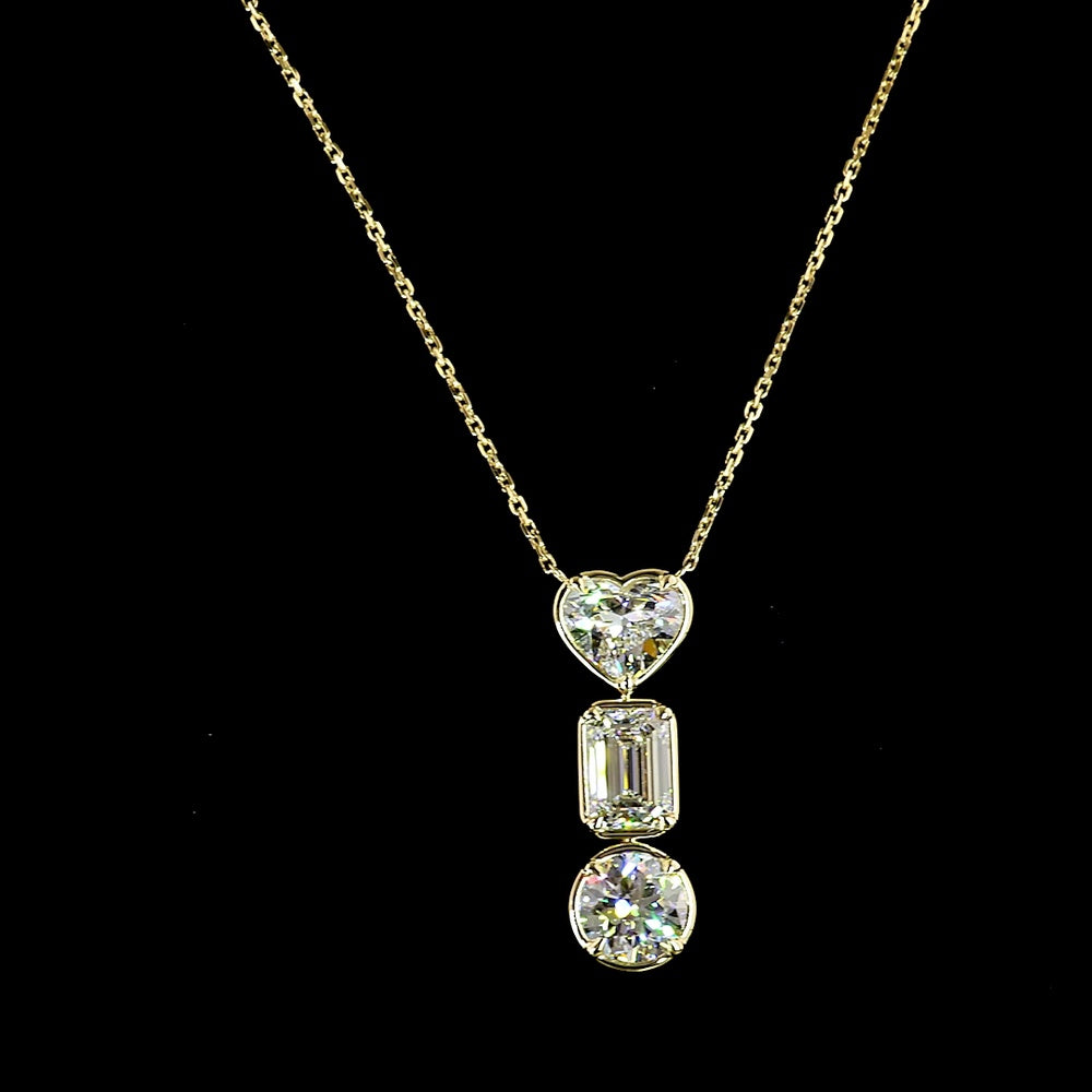 14K Yellow Gold Three-Stone North-South Pendant with Heart, Emerald Cut, and Round Lab Diamonds - 3.03 Total Carat Weight - Covaloro Fine Jewelry