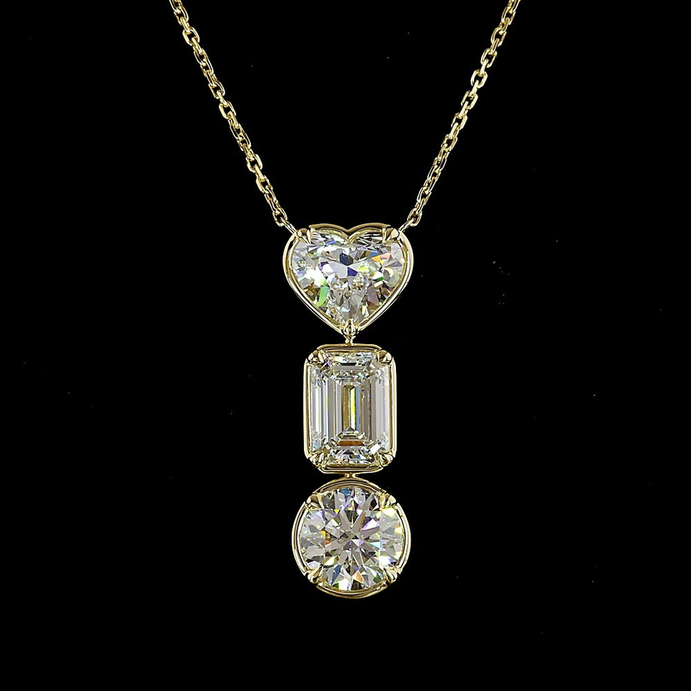 14K Yellow Gold Three-Stone North-South Pendant with Heart, Emerald Cut, and Round Lab Diamonds - 3.03 Total Carat Weight - Covaloro Fine Jewelry