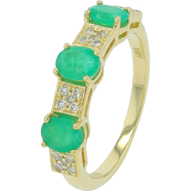 14K Yellow Gold Three-Stone Oval-Cut Emerald and Diamond Band - 0.75 Carats Emeralds and 0.18 Carats Diamonds