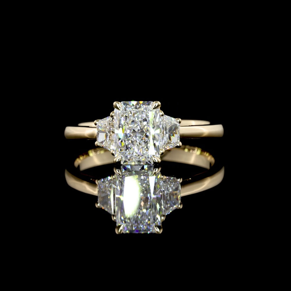 14K Yellow Gold Three-Stone Ring with 1.01 Carat Radiant Cut Lab Diamond and 0.34 Carat Side Stones - 1.35 Carat Total Diamond Weight - Covaloro Fine Jewelry