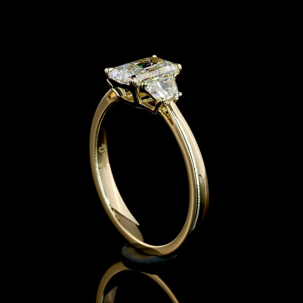 14K Yellow Gold Three-Stone Ring with 1.01 Carat Radiant Cut Lab Diamond and 0.34 Carat Side Stones - 1.35 Carat Total Diamond Weight - Covaloro Fine Jewelry