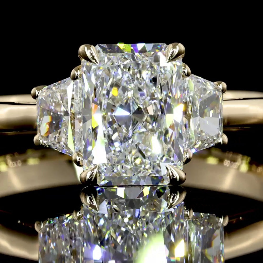 14K Yellow Gold Three-Stone Ring with 1.01 Carat Radiant Cut Lab Diamond and 0.34 Carat Side Stones - 1.35 Carat Total Diamond Weight - Covaloro Fine Jewelry