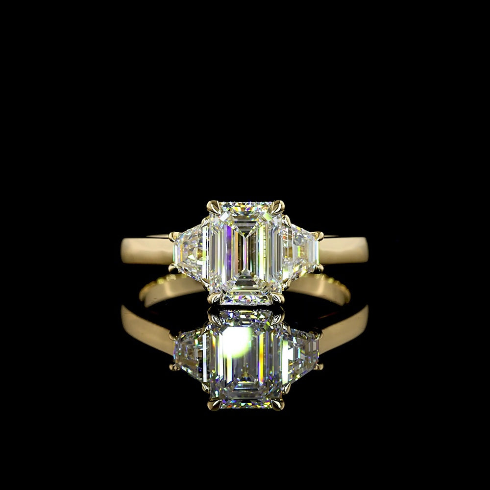 14K Yellow Gold Three Stone Ring with 1.26 Carat Emerald Cut Lab Diamond and 0.48 Carat Straight Baguette Diamonds - Total 1.74 Carats, IGI Certified D VVS2 - Covaloro Fine Jewelry